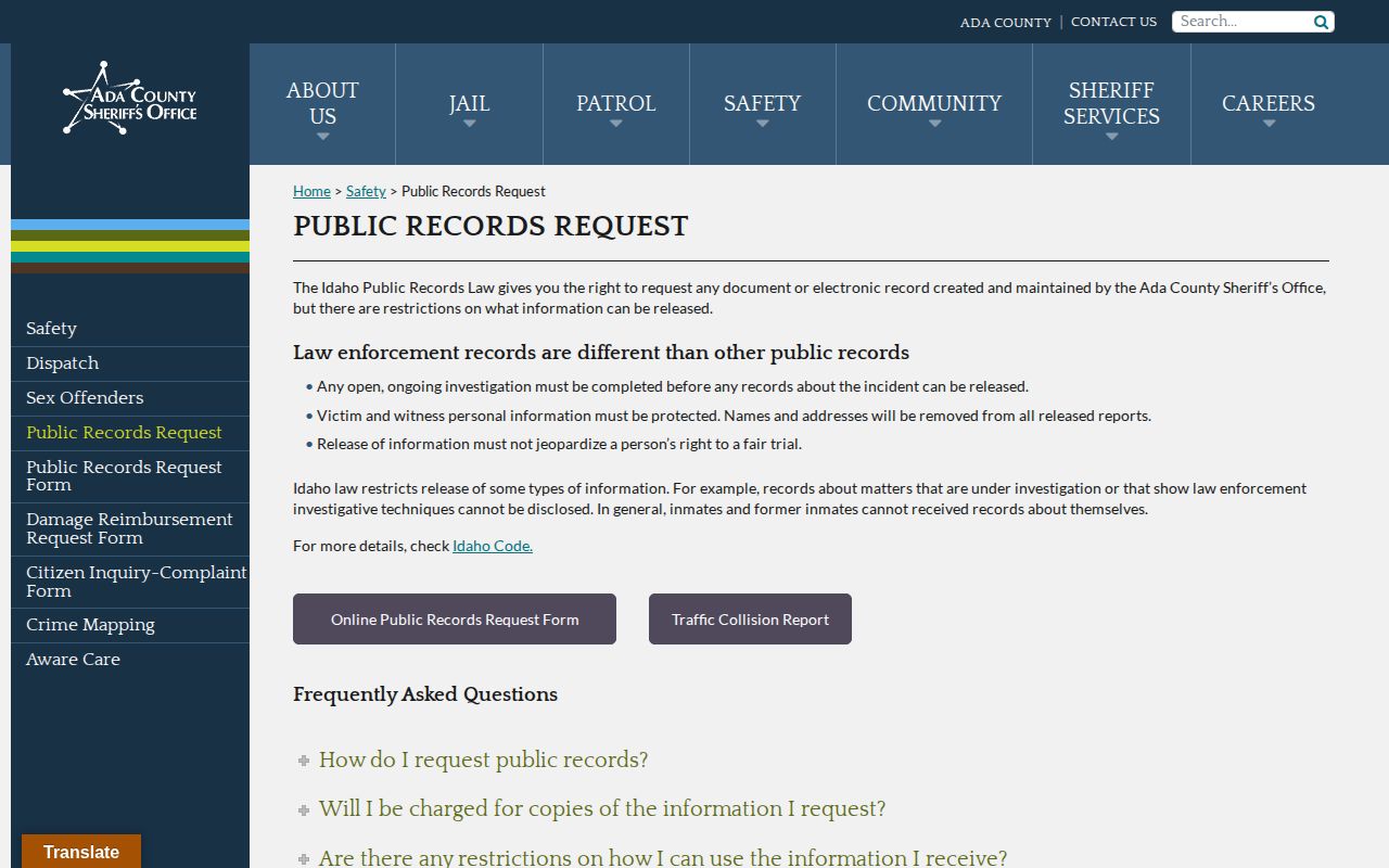 Ada booking record request for Boise County released inmate mugshots