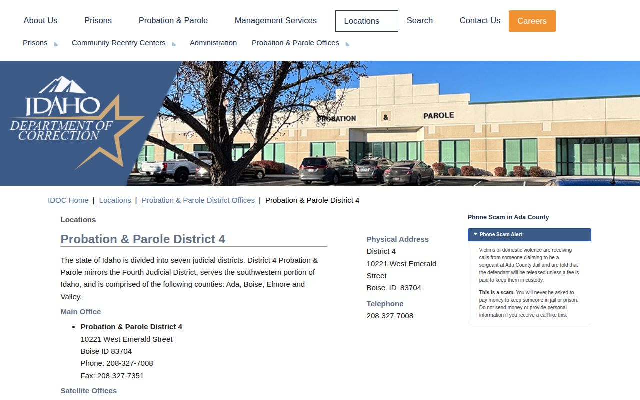 Boise County parole and probation IDOC District 4 office page