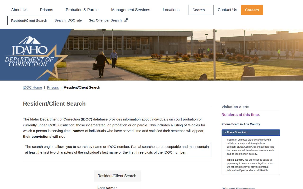 Boise County released inmate search on the IDOC resident client portal