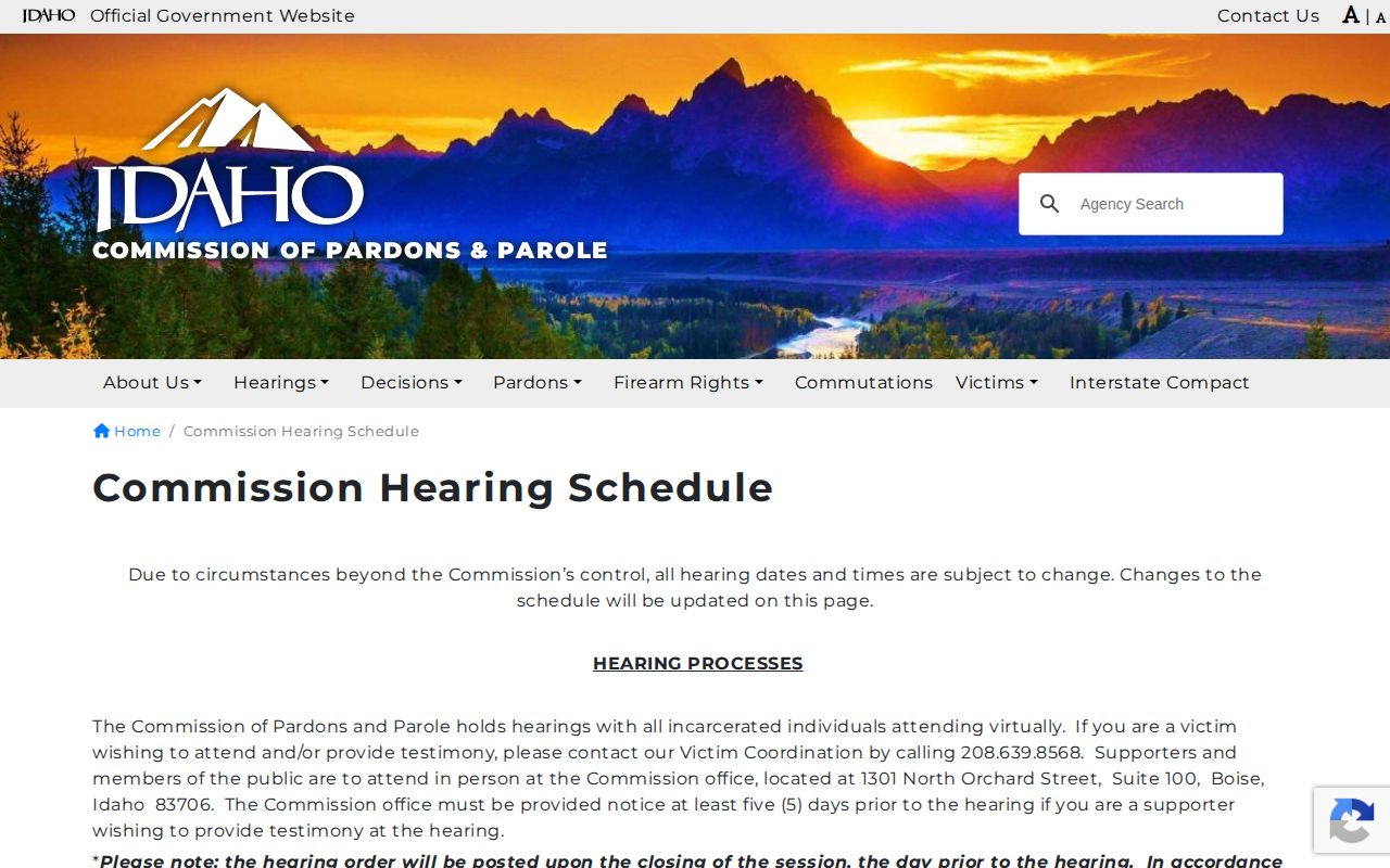 Boise County parole hearing schedule from Idaho commission